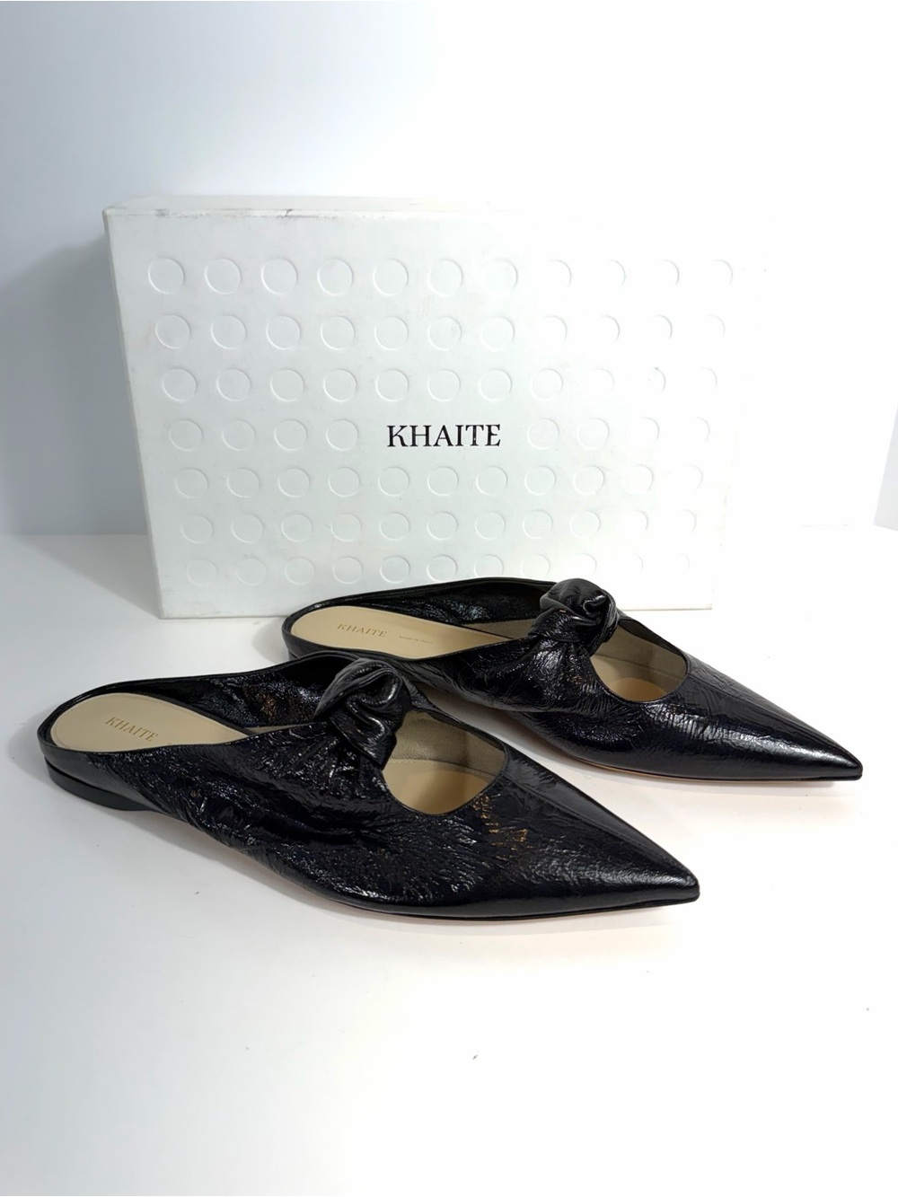 KHAITE Rowan Black Patent Leather Pointed Toe Flat Mules Size 39 New w Box